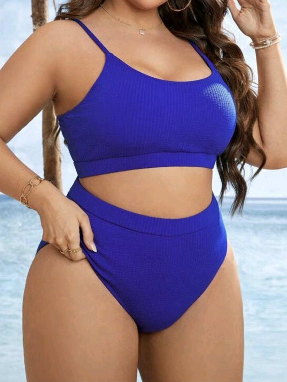 SHEIN Blue Ribbed High-Waist Bikini Set